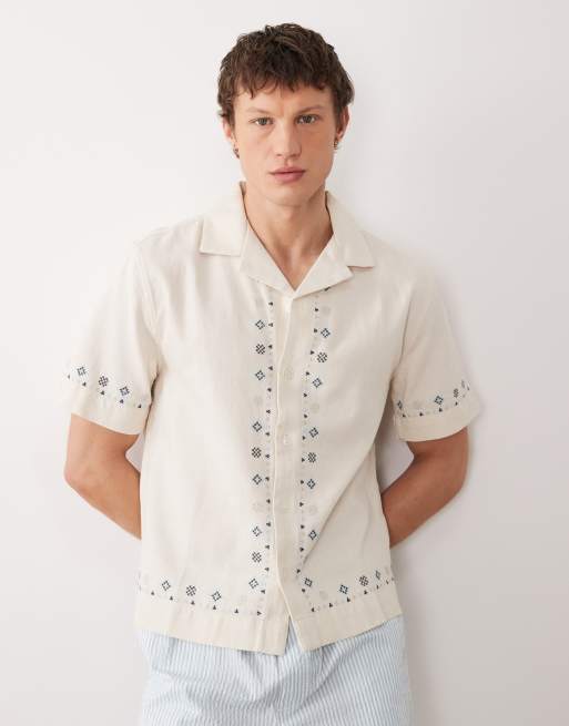Abercrombie & Fitch cotton linen mix embroidered pattern short sleeve shirt  in cream | ASOS