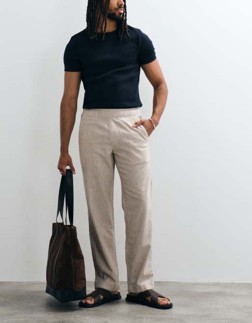 Abercrombie & Fitch cotton linen mix relaxed fit pull on trouser in brown, 3 of 5