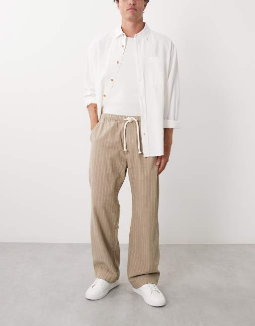 Abercrombie & Fitch cotton rich baggy pull on seersucker pants in beige stripe, 2 of 5