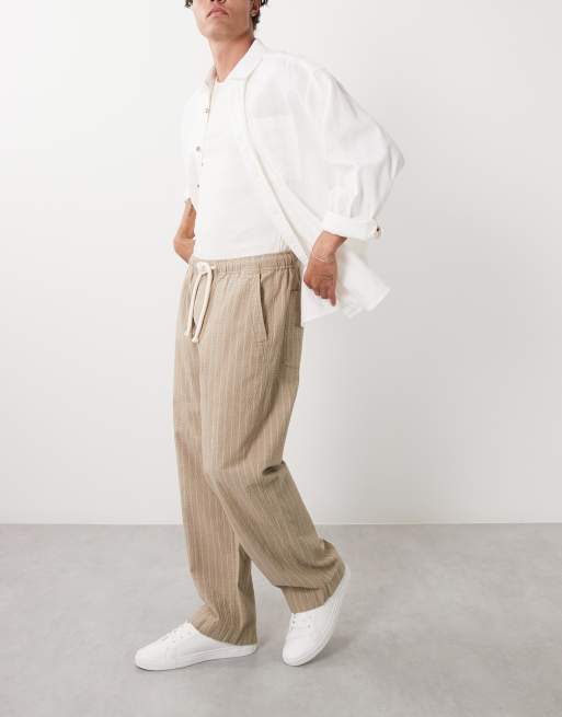 Abercrombie & Fitch cotton rich baggy pull on seersucker pants in beige stripe, 3 of 5