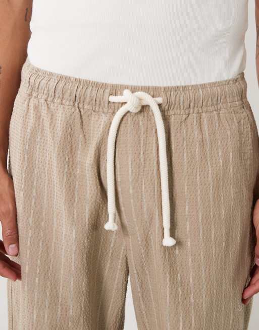 Abercrombie & Fitch cotton rich baggy pull on seersucker pants in beige stripe, 4 of 5