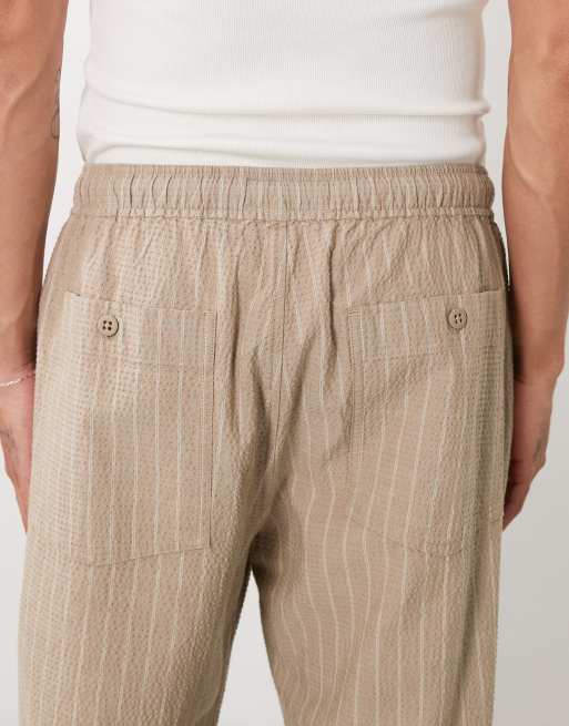 Abercrombie & Fitch cotton rich baggy pull on seersucker pants in beige stripe, 5 of 5