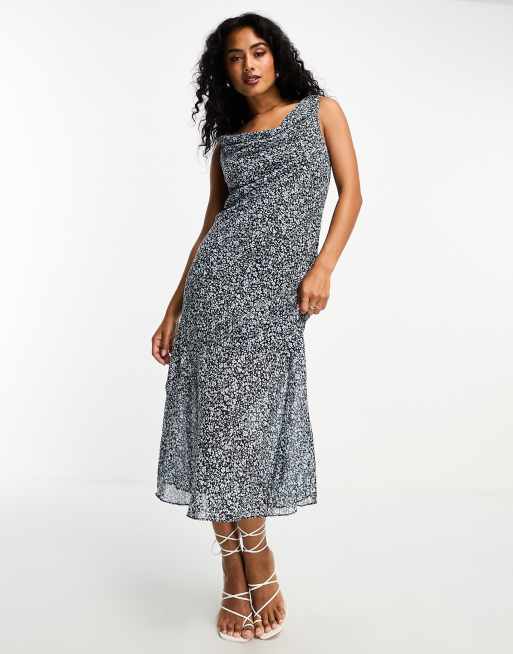 Abercrombie & Fitch cowl neck chiffon midi dress in blue floral