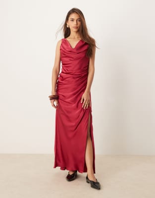 cowl neck draped maxi dress in dark pink