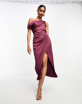 Abercrombie & Fitch cowl neck midi dress with gathered waist detail in burgundy