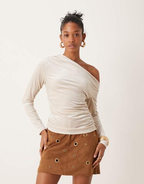 Abercrombie & Fitch - Cremefarvet og langærmet offshoulder-top i velour - view 1