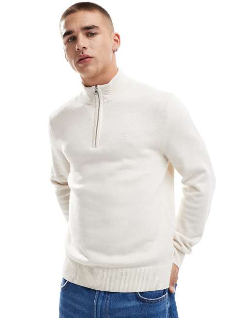 Abercrombie & Fitch - Cremehvid strikket trøje med halv lynlås og logoikon i merinould