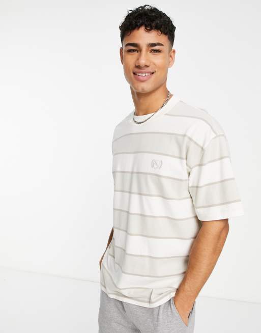 Abercrombie & Fitch crest logo block stripe t-shirt in cream | ASOS