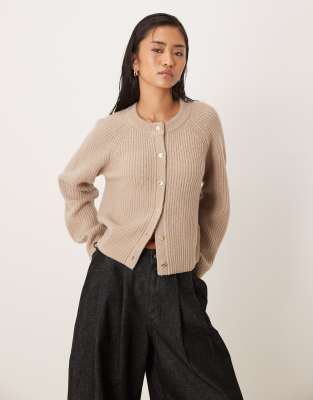 Abercrombie & Fitch Crew Neck Button Up Cardigan In Brown