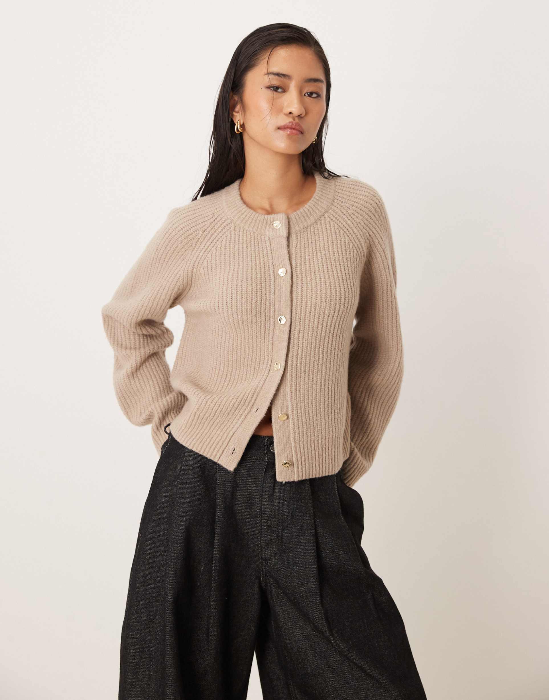 abercrombie & fitch crew neck button up cardigan in oatmeal