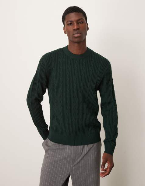 Abercrombie & Fitch crew neck cable knit jumper in dark green - view 1