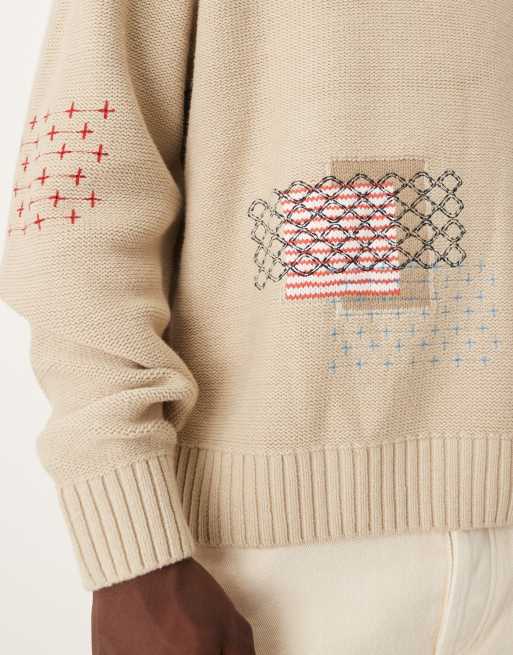 Abercrombie & Fitch crew neck patch graphic jumper in cream, 4 of 5
