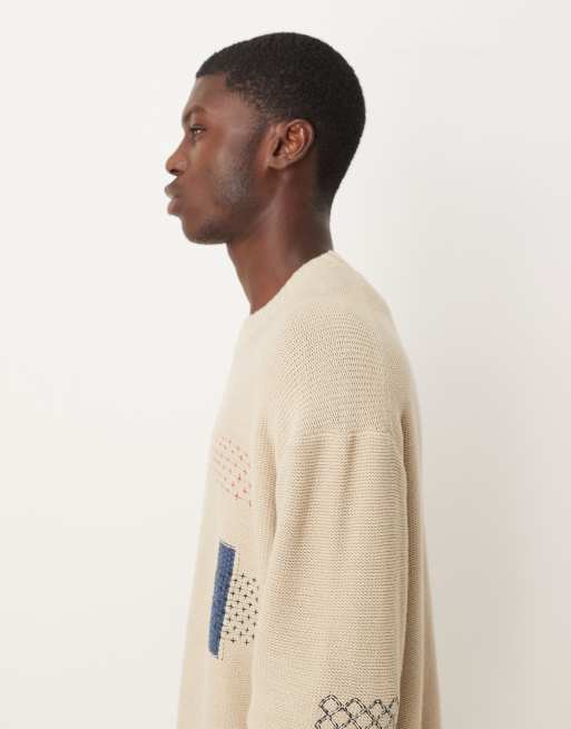 Abercrombie & Fitch crew neck patch graphic jumper in cream, 5 of 5