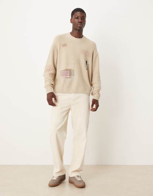 Abercrombie & Fitch crew neck patch graphic sweater in cream, 2 of 5