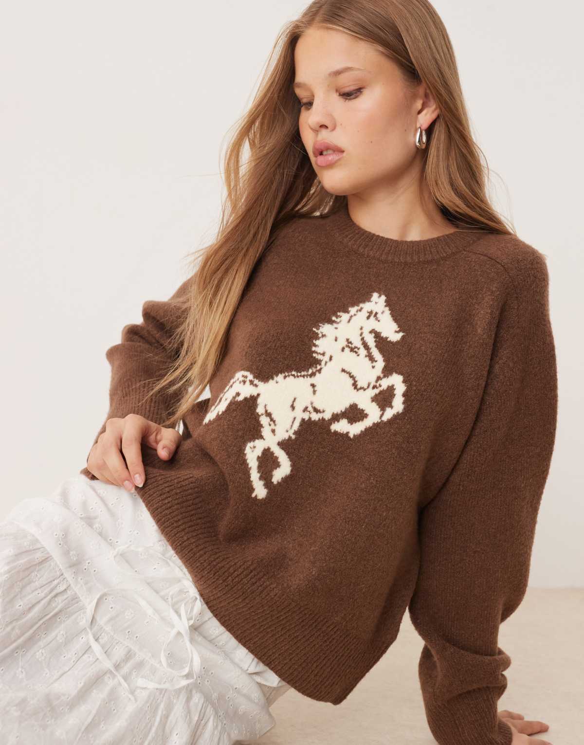 Abercrombie & Fitch crew neck preppy horse graphic jumper in brown
