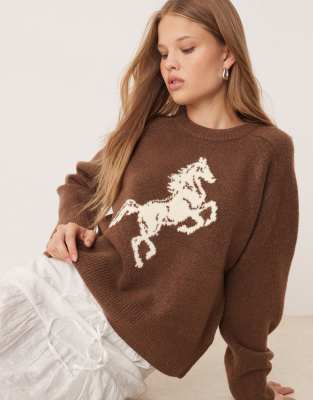 Abercrombie & Fitch Crew Neck Preppy Horse Graphic Sweater In Brown