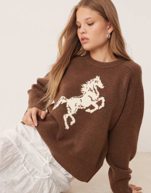 Abercrombie & Fitch crew neck preppy horse graphic sweater in brown