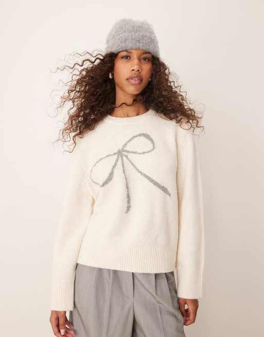 Abercrombie & Fitch crewneck knit sweater with bow in light gray