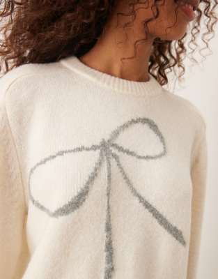 Abercrombie & Fitch Crewneck Knit Sweater With Bow In Gray