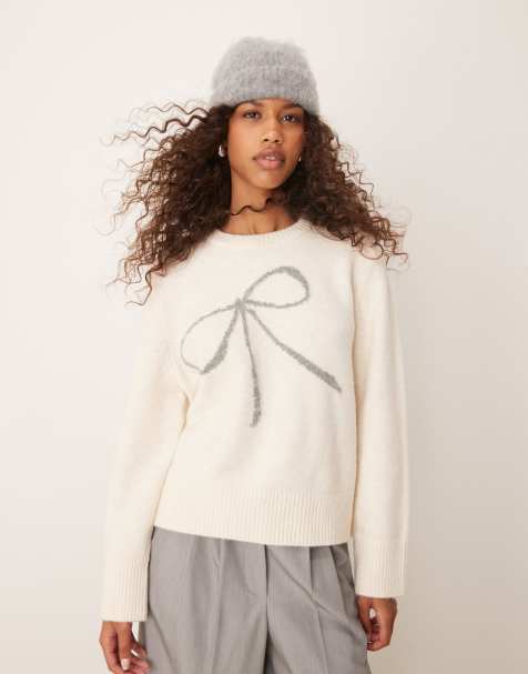 Abercrombie & Fitch crewneck knit sweater with bow in light grey - view 1