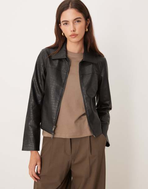 Abercrombie & Fitch croc pattern slim fit vegan leather jacket in black