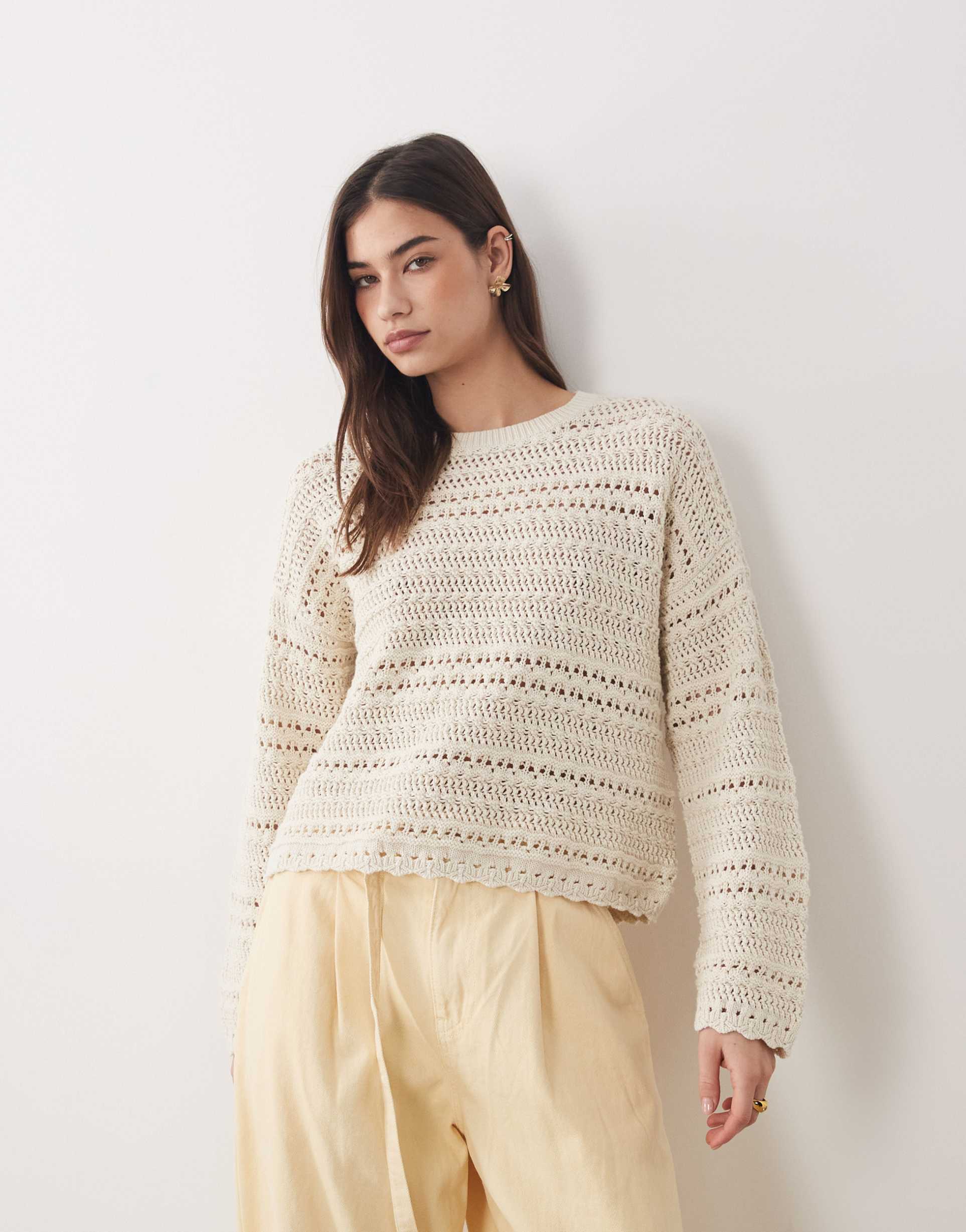 abercrombie & fitch crochet boho sweater in beige
