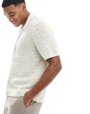 Abercrombie & Fitch crochet knit short sleeve polo shirt in cream