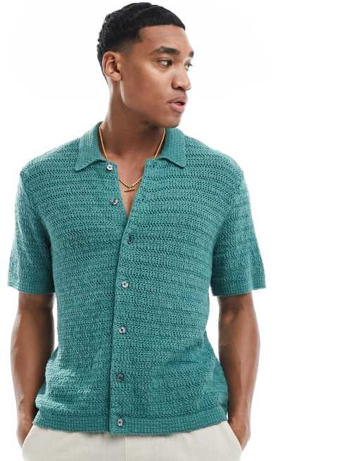 Abercrombie & Fitch crochet knit short sleeve polo shirt in dark green