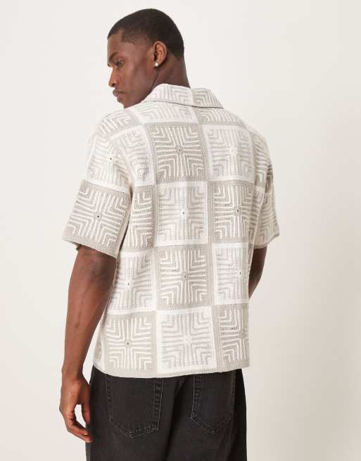 Abercrombie & Fitch crochet knit tile shirt in cream