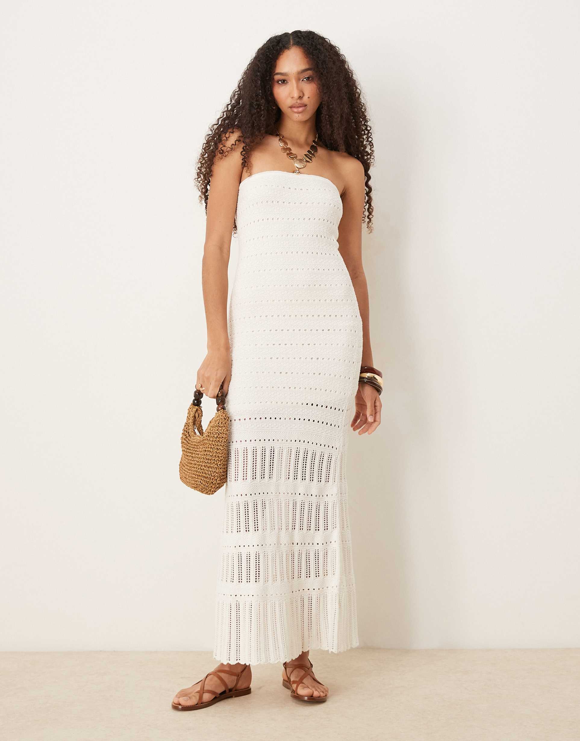 abercrombie & fitch crochet lace strapless midi dress in cream