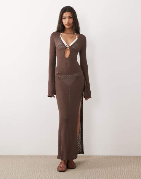 Abercrombie & Fitch crochet maxi coverup dress in brown