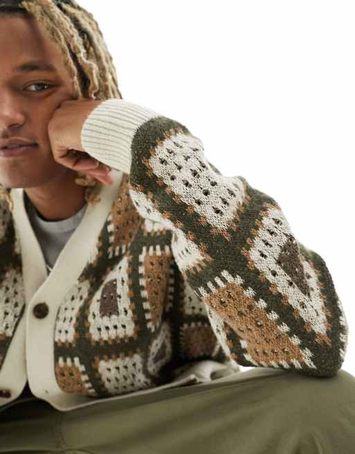 Abercrombie & Fitch crochet patterned cardigan in brown, 4 of 4