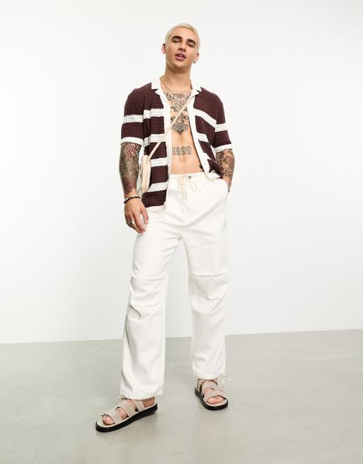 Abercrombie & Fitch crochet polo shirt in brown stripe ASOS