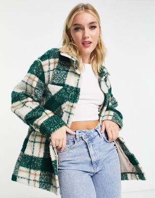 Abercrombie & Fitch crop cosy shacket in green check  - ASOS Price Checker