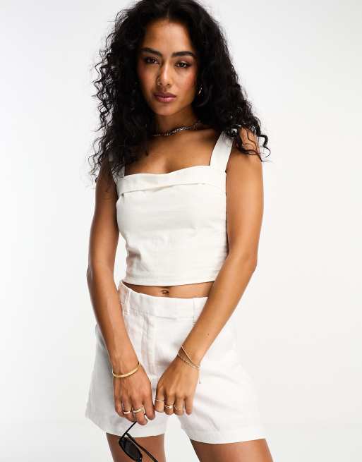 Abercrombie & Fitch - Crop top d'ensemble en lin à encolure carrée - Blanc