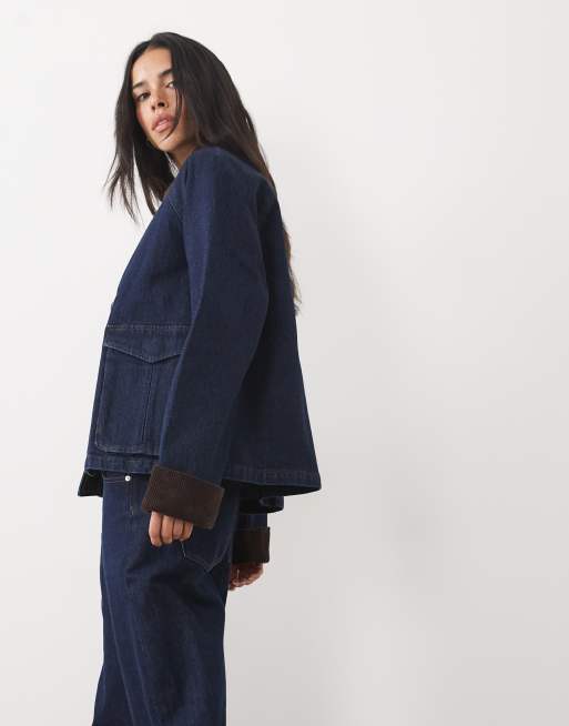 Abercrombie & Fitch cropped a line denim barn jacket in dark indigo, 2 of 4