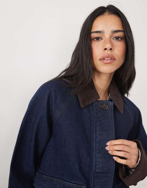 Abercrombie & Fitch cropped a line denim barn jacket in dark indigo, 4 of 4