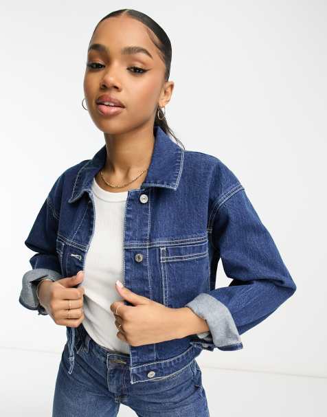 Hollister cropped denim jacket in mid wash blue