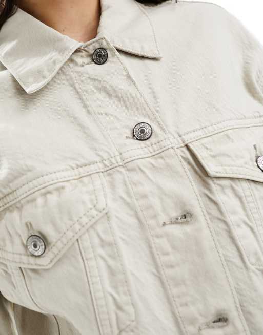 Abercrombie & Fitch cropped denim trucker jacket in stone, 2 of 4