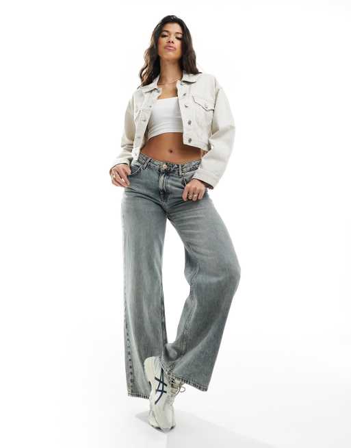 Abercrombie & Fitch cropped denim trucker jacket in stone, 4 of 4