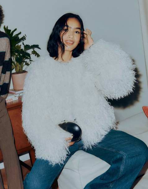 Abercrombie & Fitch cropped faux fur collarless jacket in cream - view 1