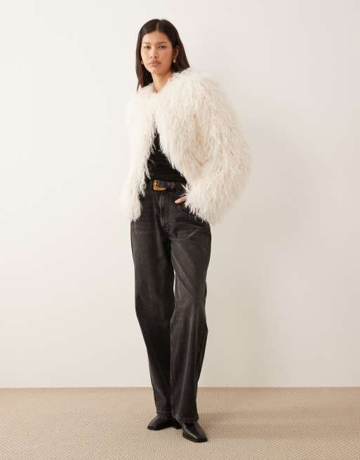 Abercrombie & Fitch cropped faux fur collarless jacket in cream | ASOS