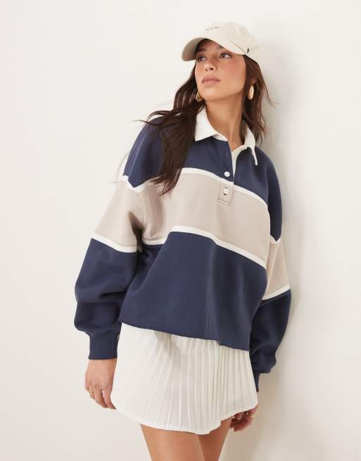 Abercrombie & Fitch - Cropped gestreepte rugbytop in marineblauw