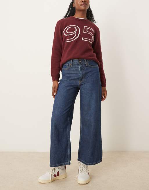 Abercrombie & Fitch - Cropped jeans met wijde pijpen en hoge taille in blauwe wassing