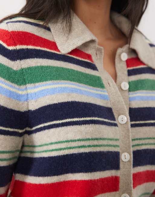 Abercrombie & Fitch cropped knitted collar cardigan in multicolour stripe, 3 of 4
