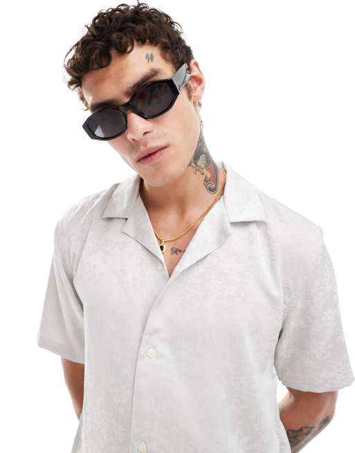Abercrombie & Fitch - Cropped ruimvallend overhemd van zijdeachtig jacquard met korte mouwen in grijs