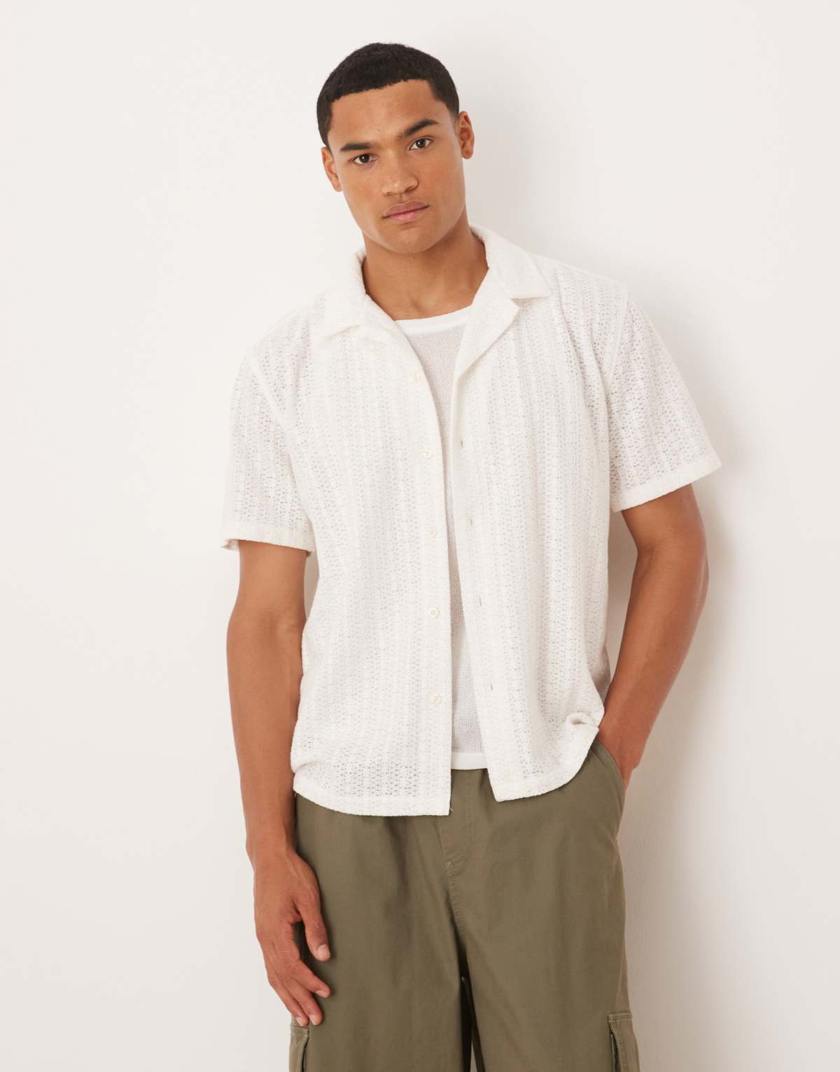 Abercrombie & Fitch cropped short sleeve textured shirt in cream