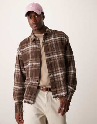 cropped slub flannel plaid overshirt in brown