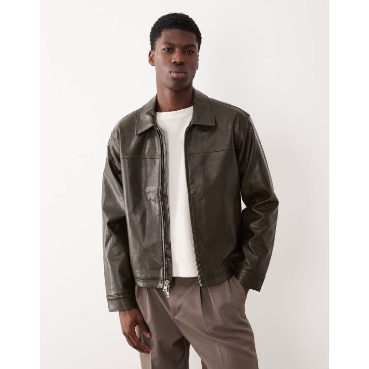 Abercrombie & Fitch cropped vegan leather zip jacket in dark green