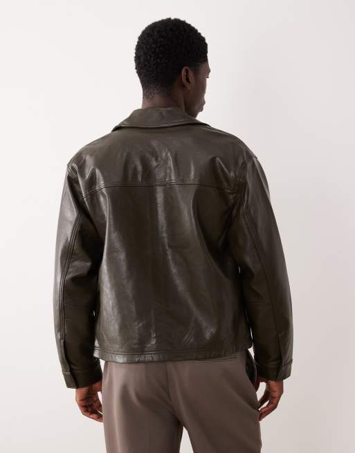 Abercrombie & Fitch cropped vegan leather zip jacket in dark green, 3 of 5
